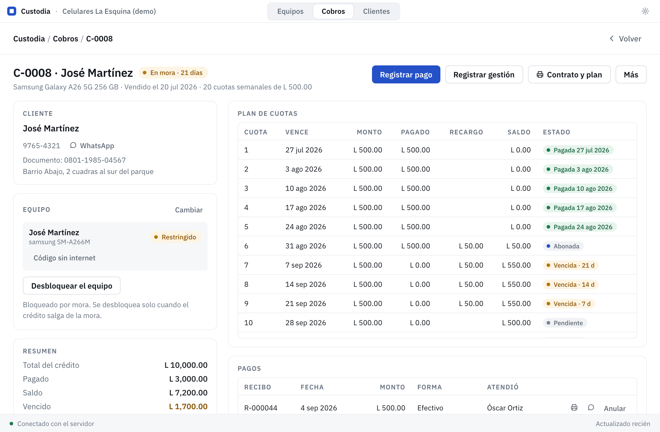 El detalle de un crédito en Custodia para Windows: cliente, plan de cuotas, pagos registrados y el teléfono vinculado.