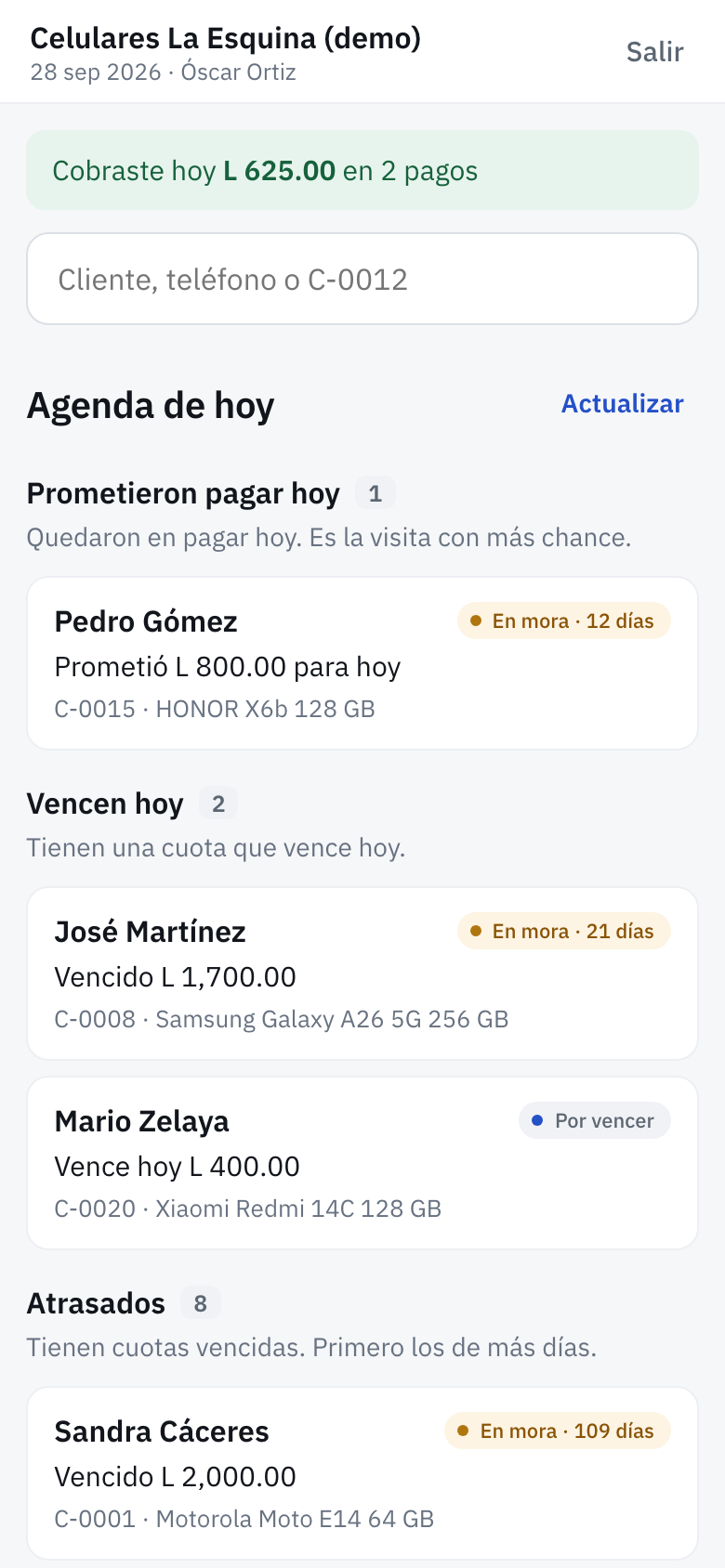 Custodia en el celular del cobrador: la agenda del día con los clientes que tiene que visitar.